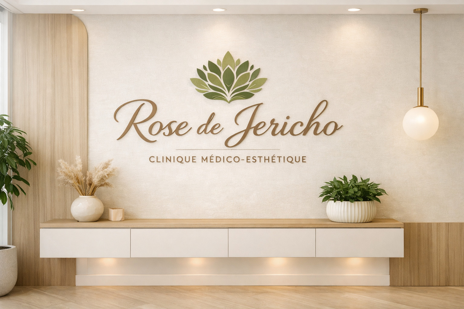 Clinic reception: signature wall with the Rose de Jericho logo, light wood counter, plants and soft lighting